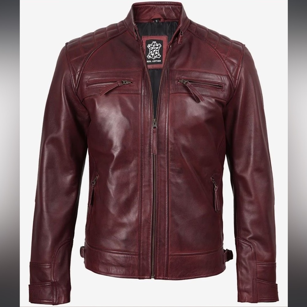 Men’s Burgundy Lambskin Leather Biker Jacket